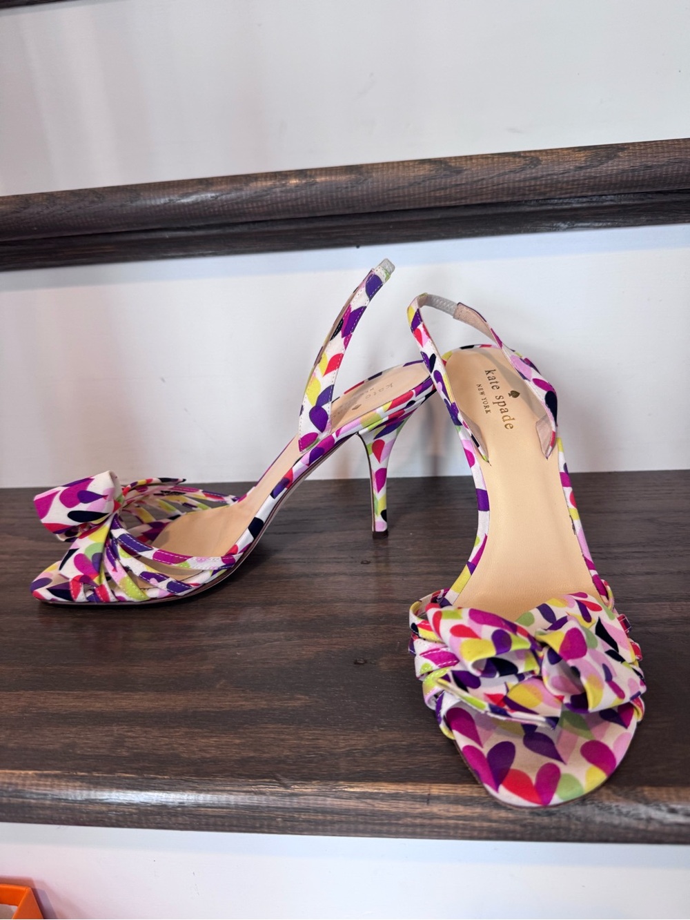 kate spade Pink Multi Heart-Print Knot Slingback Heels
